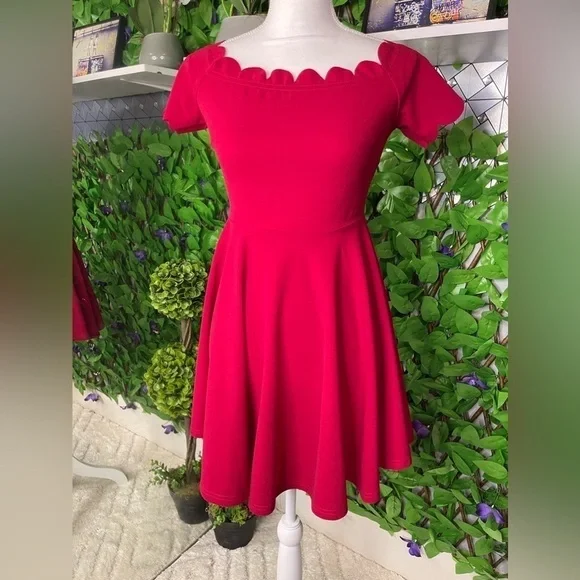 SHEIN EUC XS Burgandy/Red Scallop Short Off Shoulder Dress - Picture 3 of 14
